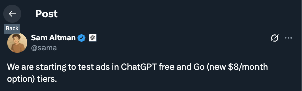 Sam Altman announcing ads in ChatGPT Go tier